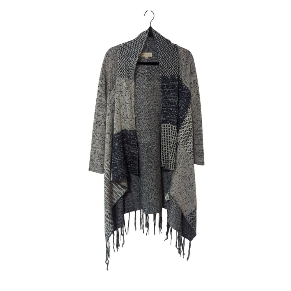 Knox Rose Patchwork Knit Fringe Cardigan Sweater S Blue & Gray Open Front Lightw